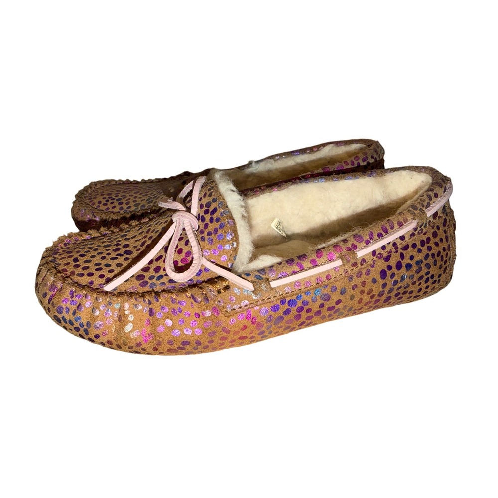 UGG Kids' Dakota Spots moccasin slippers with a metallic rainbow spot size 3